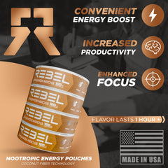 Pack of four Rebel Nootropic Energy Cinnamon Mocha cans for convenient energy