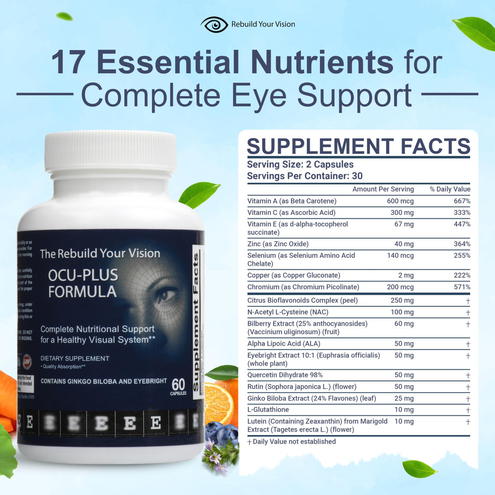 Rebuild Your Vision Ocu-Plus bottle on desk for daily use