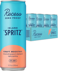 Recess Island Spritz bottle on a bar, showcasing a tropical, alcohol-free option.