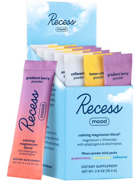 Recess Mood Powder sampler box front with on-the-go calm sticks.