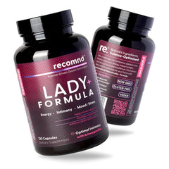 recomnd Lady+ Formula bottle front showing packaging for daily energy and balance