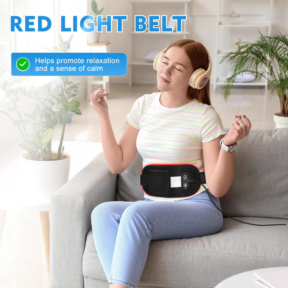 Red Light Therapy pad close-up shows gentle infrared warmth.