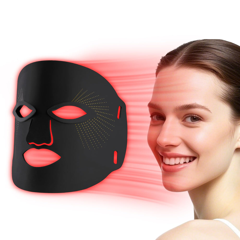 Red Mitochondria red-light therapy mask worn on face for at-home skin care.