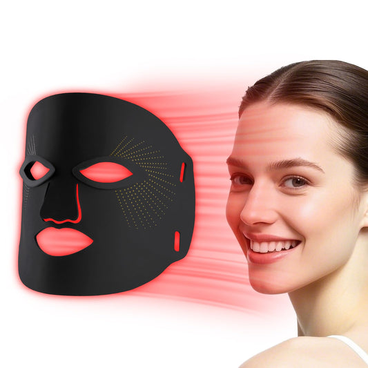 Red Mitochondria red-light therapy mask worn on face for at-home skin care.
