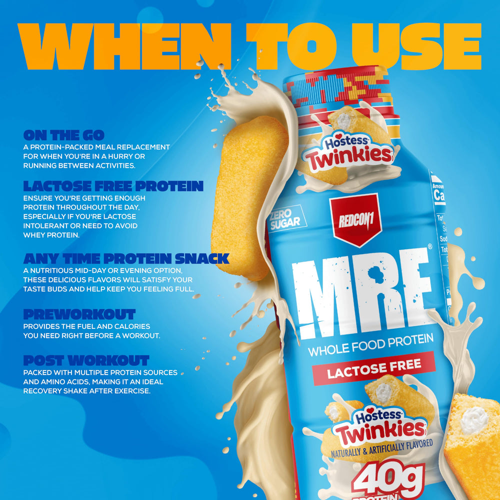 Redcon1 MRE Hostess Twinkies label-closeup highlights lactose-free nutrition.