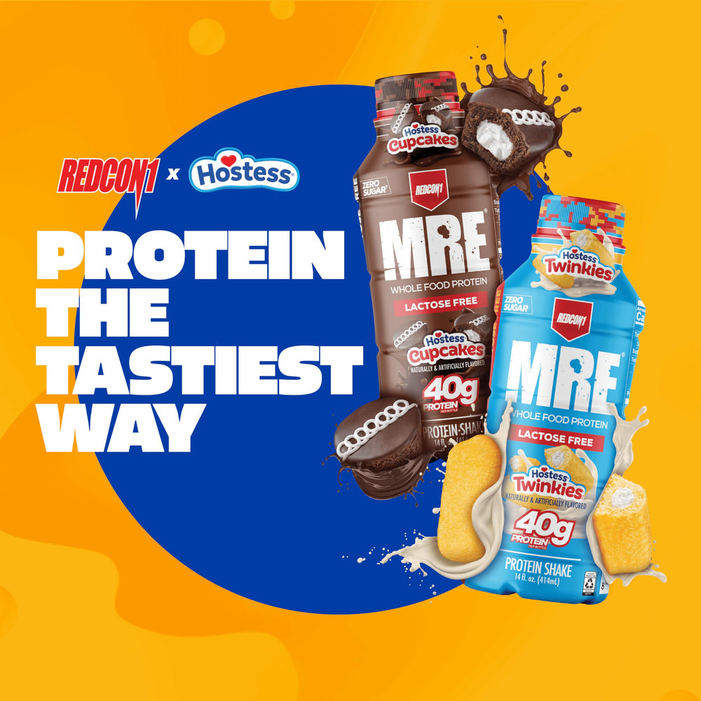 Redcon1 MRE Hostess Twinkies ready-to-drink bottle highlighting lactose-free protein for on-the-go convenience.