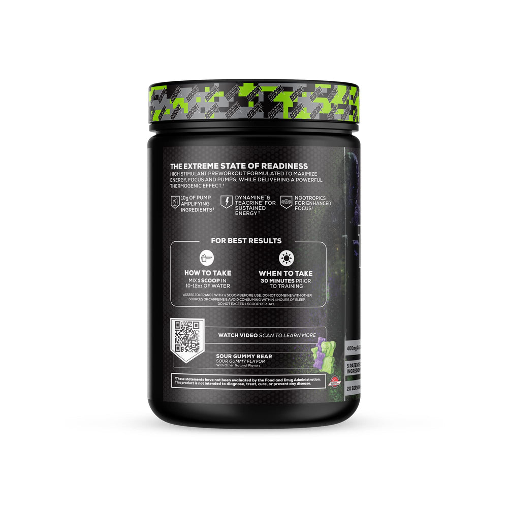 REDCON1 Total War Black Ops scoop beside a glass ready to mix preworkout