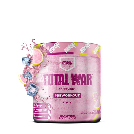 RedCon1 Total War Pink Lemonade tub shows bold label for fast energy pre-workout.