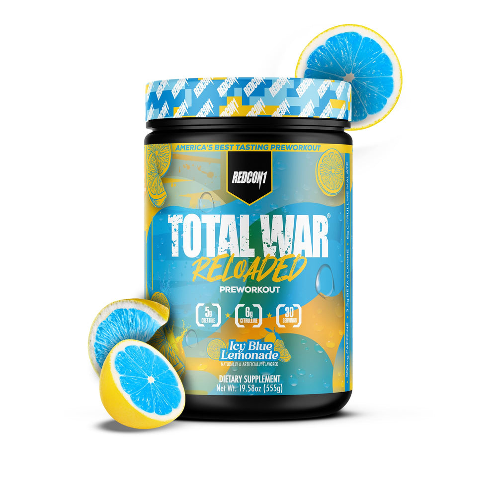 REDCON1 Total War Reloaded Icey Blue Lemonade tub powering focused workouts with endurance support.