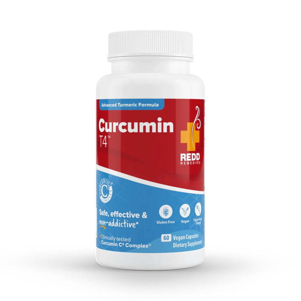 Redd Remedies Curcumin T4 bottle shows advanced turmeric formula for daily wellness