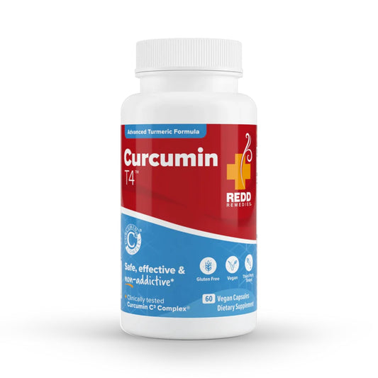 Redd Remedies Curcumin T4 bottle shows advanced turmeric formula for daily wellness
