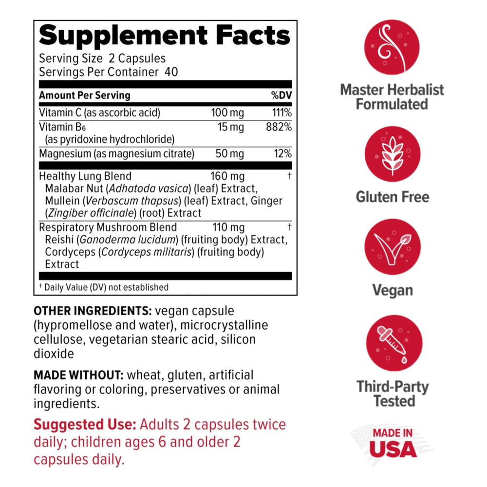 Redd Remedies Lung Care label lists herbal ingredients for respiratory comfort.