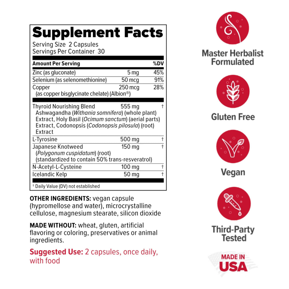 Close-up of Redd Remedies Thyroid Strong capsules highlighting a vegan formula for hormone balance.