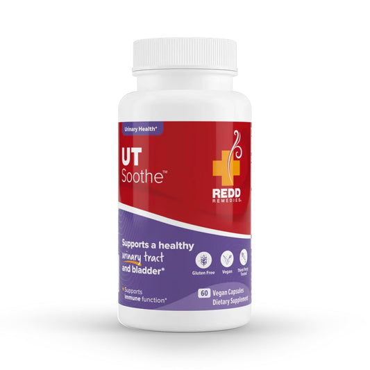 Redd Remedies UT Soothe bottle front view showing vegan urinary wellness capsules.