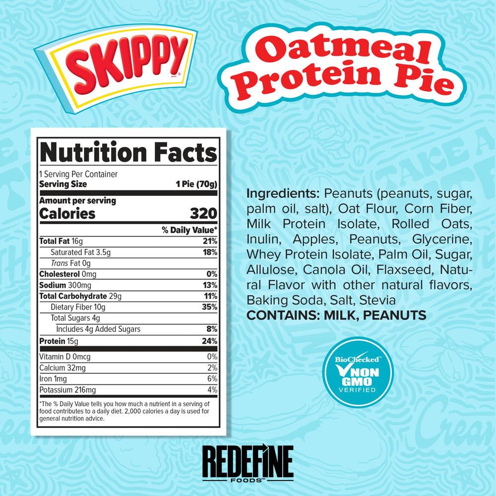 REDEFINE Oatmeal Protein Pie cross-section reveals creamy SKIPPY filling and oat crust.