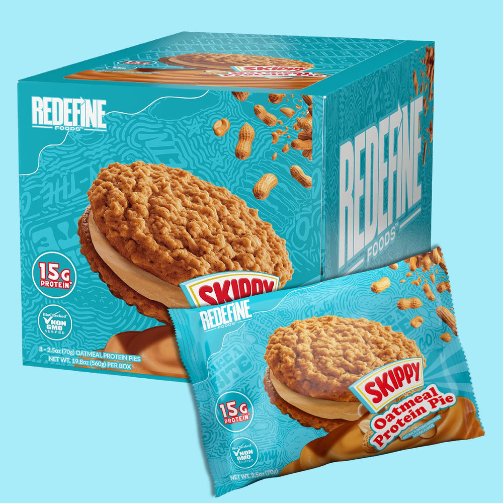 REDEFINE Oatmeal Protein Pie nutrition label close-up with protein and fiber details.