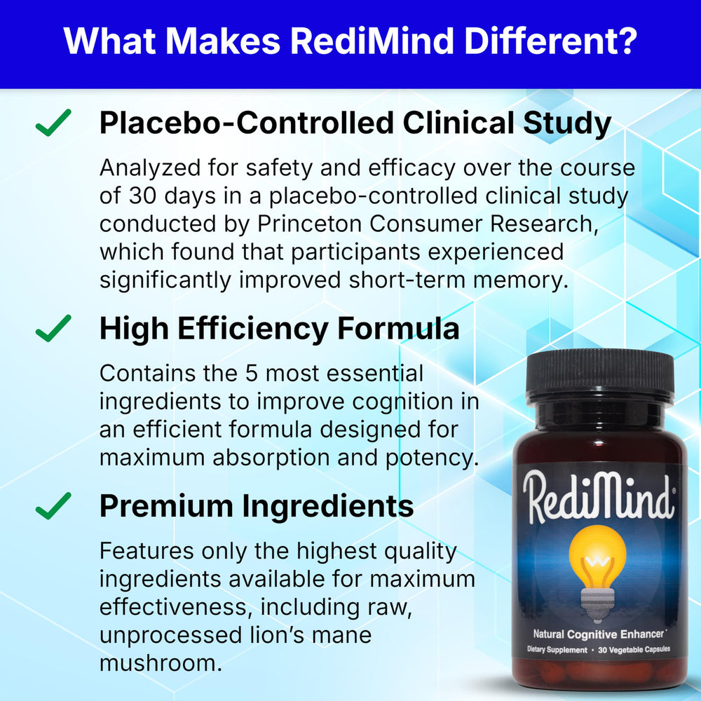 RediMind bottle featuring hericium erinaceus for cognitive resilience.