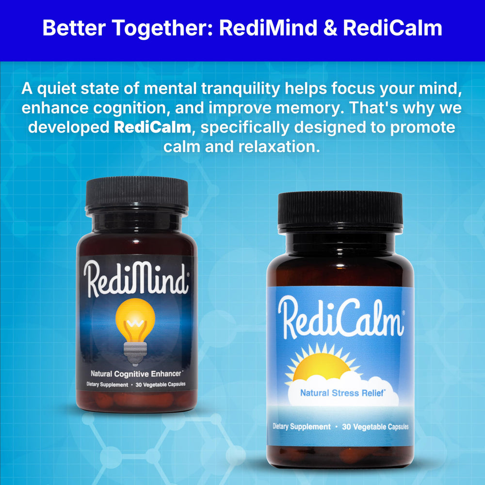 RediMind bottle label emphasizes clinically studied amounts of five ingredients.