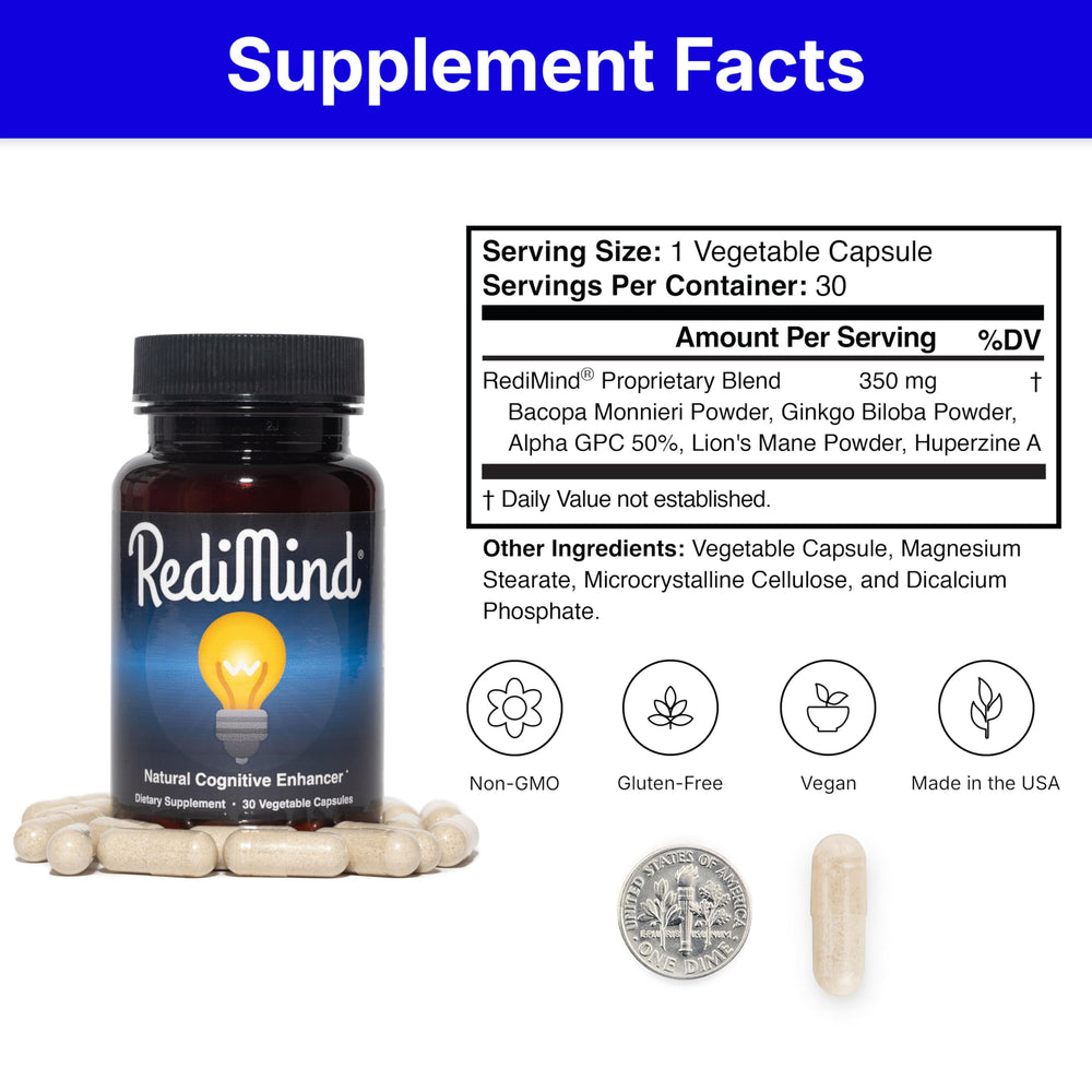 RediMind packaging front highlighting vegan, gluten-free, non-GMO credentials.