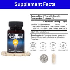 RediMind packaging front highlighting vegan, gluten-free, non-GMO credentials.