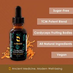 Redmint organic tincture bottle on wooden table highlighting natural ingredients.
