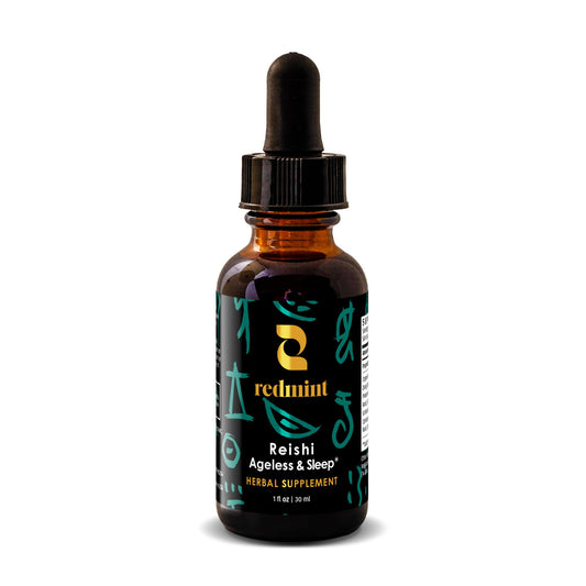 Redmint Reishi tincture bottle closeup, premium herbal formula for holistic wellness.