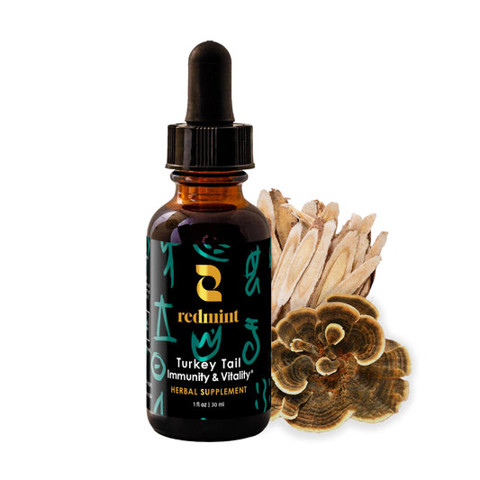 Redmint Turkey Tail tincture bottle showing premium immune and digestive wellness support.