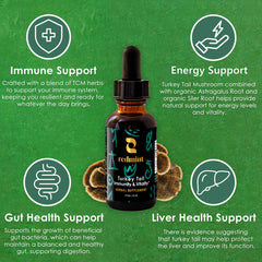 Redmint tincture ingredients display with astragalus, siler, bai-zhu and turkey tail.