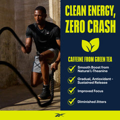 Reebok REEenergize preworkout mix in glass displays a refreshing shake.