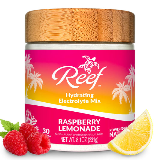 Reef Replenish bottle front shows Raspberry Lemonade flavor for on-the-go hydration.
