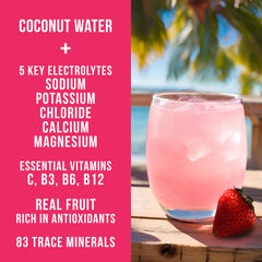 Reef Replenish powder with strawberry kiwi flavor and scoop beside glass