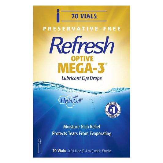Refresh Optive Mega-3 bottle and box deliver convenient on-the-go eye lubrication.