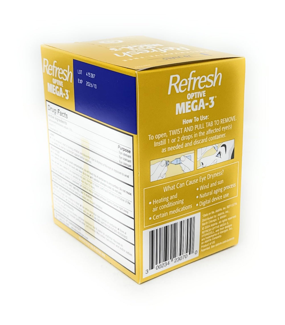 Refresh Optive Mega-3 preservative-free formula suited for sensitive eyes.