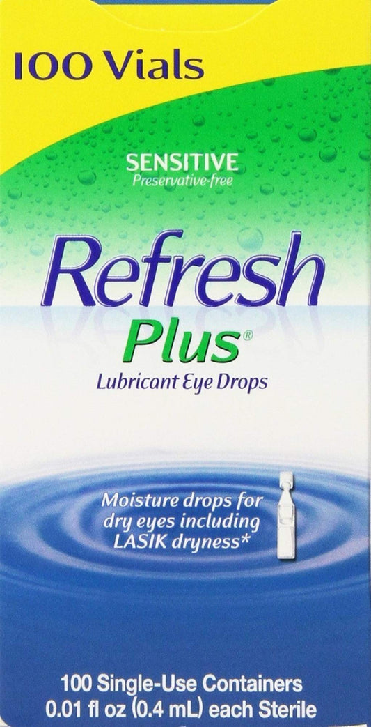 Refresh Plus eye drops single-use vials, 100-count pack for convenient on-the-go relief.