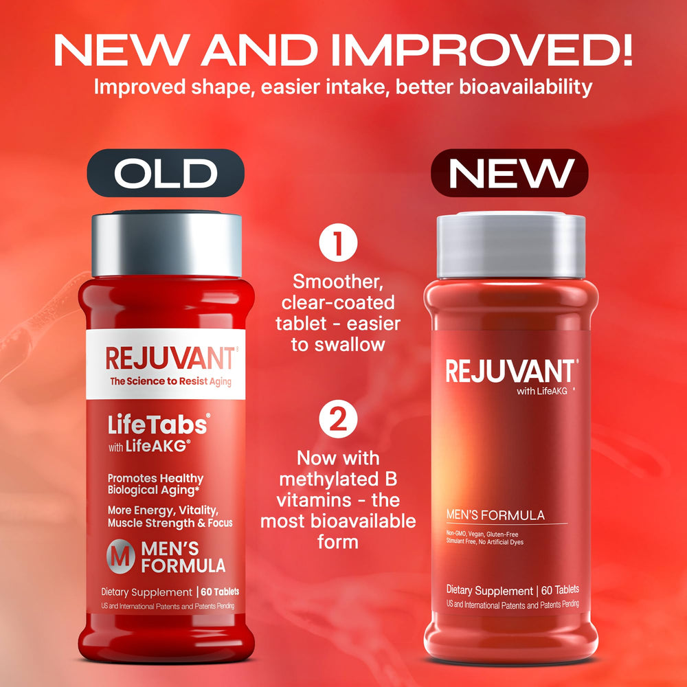 Rejuvant Men's AKG Longevity tablet demonstrates compact form for on-the-go supplementation.