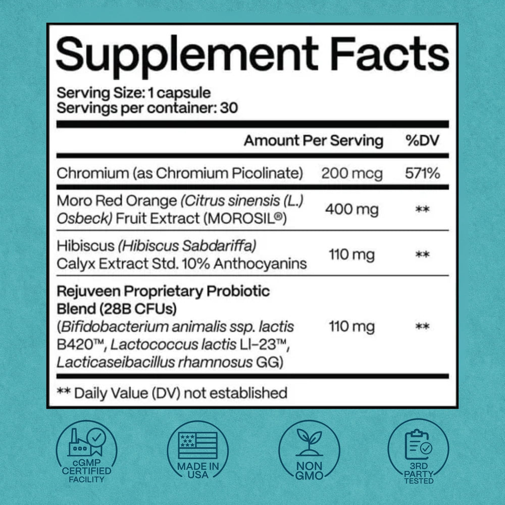 Rejuveen Provitalean probiotic blend close-up communicates gut-friendly formulation.