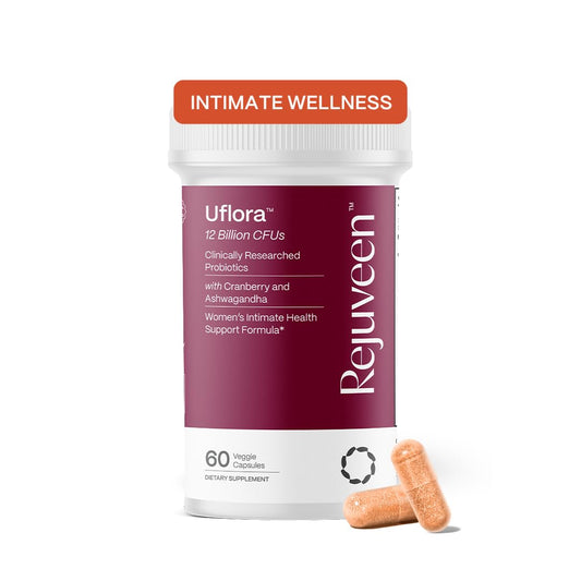 Rejuveen Uflora bottle front label promotes balanced vaginal health and freshness.
