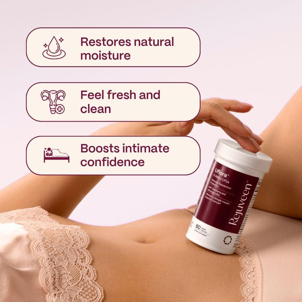 Rejuveen Uflora label detail highlighting 12 billion CFU and key ingredients.