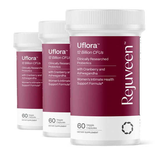 Rejuveen Uflora bottle front shows probiotic blend for vaginal health