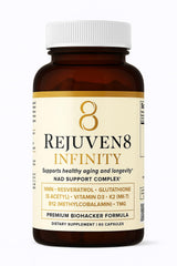 Rejuven8 Infinity capsules on a clean surface suggest daily immune and longevity support