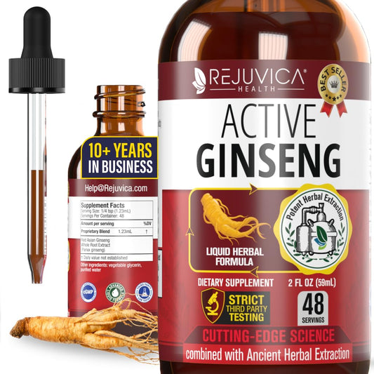 Rejuvica Active Ginseng bottle shows convenient, fast-absorbing energy support.