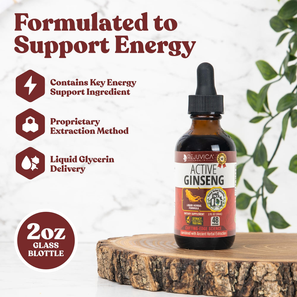 Rejuvica Active Ginseng dropper on tongue highlights easy, taste-friendly use.