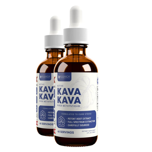 Rejuvica Health Active Kava Kava bottle with dropper, highlighting fast calm support.