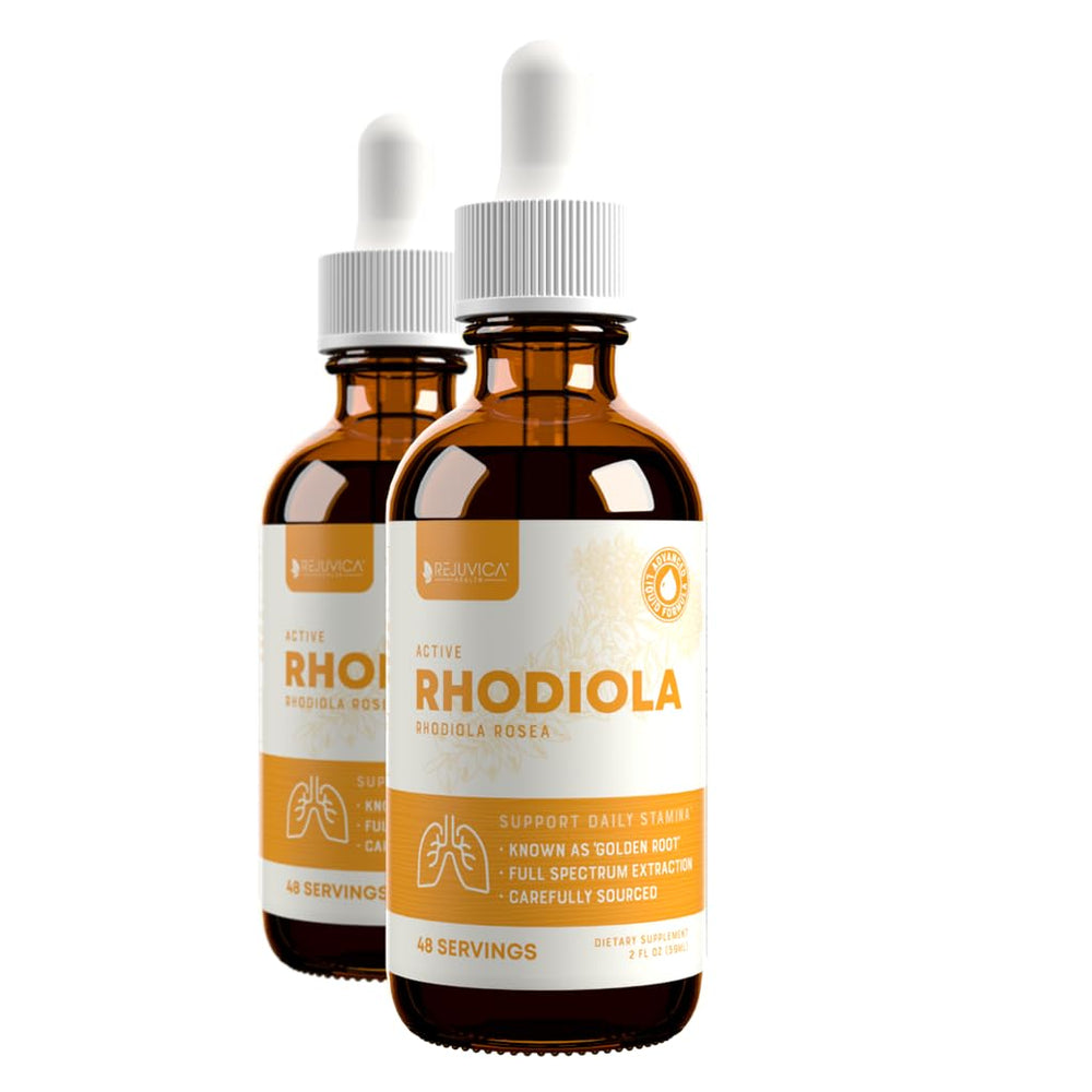 Rejuvica Health Active Rhodiola bottle featuring liquid extract for energy support.