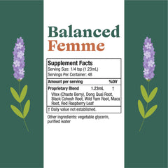 Dropper ready to dose on the tongue with Rejuvica Health Balanced Femme.