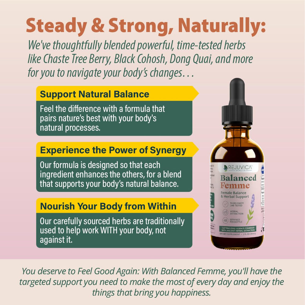 Rejuvica Health Balanced Femme liquid in glass demonstrates smooth, easy administration.