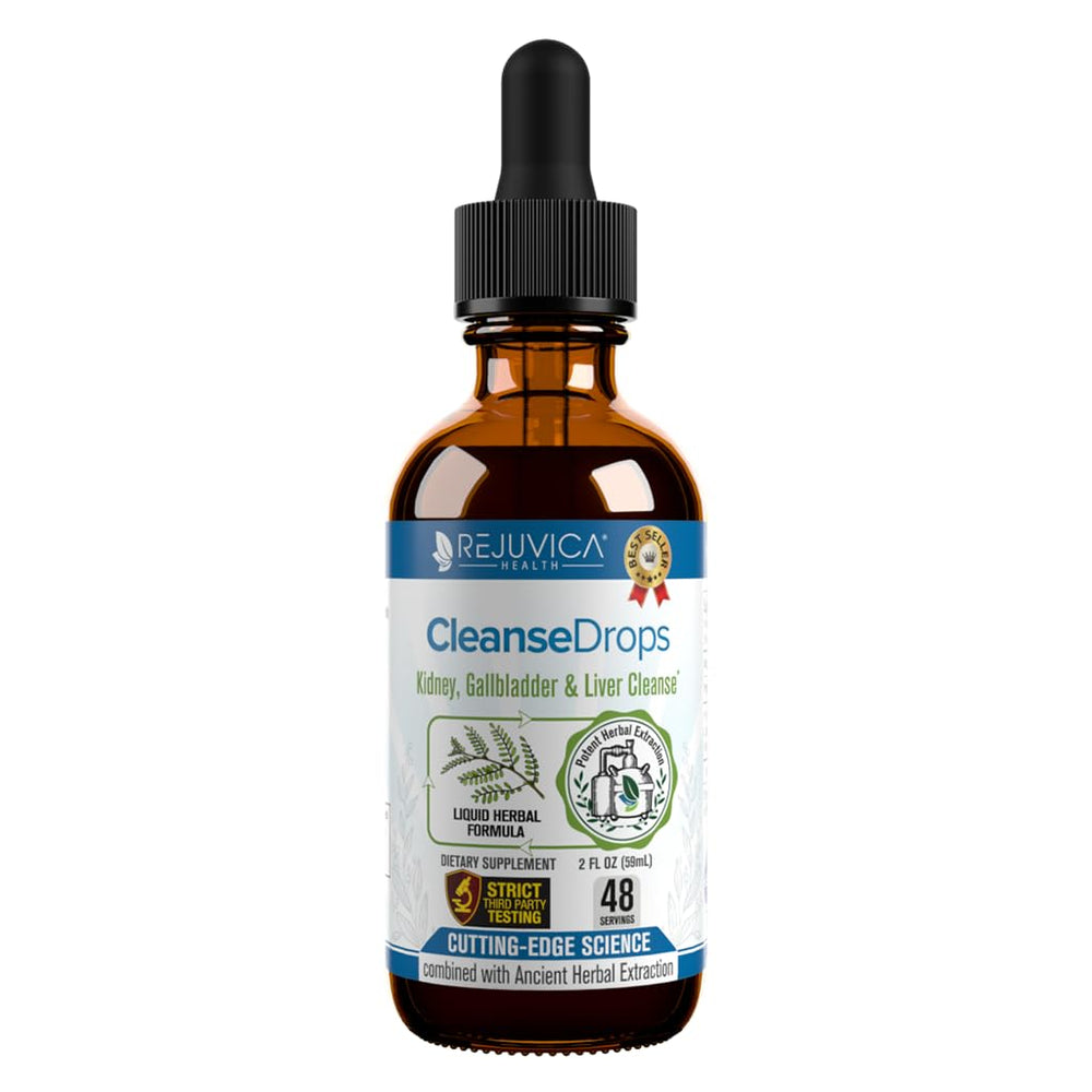 Rejuvica Health Cleanse Drops bottle close-up showing liquid formula for kidney support