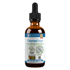 Rejuvica Health Cleanse Drops bottle close-up showing liquid formula for kidney support