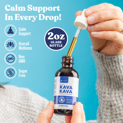 Rejuvica Health Kava dropper on tongue use for quick calm.