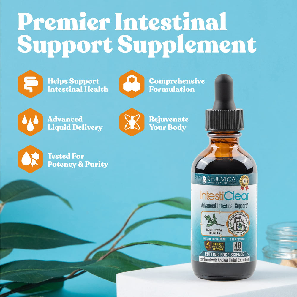 IntestiClear dropper close-up showing liquid tincture with rapid absorption potential